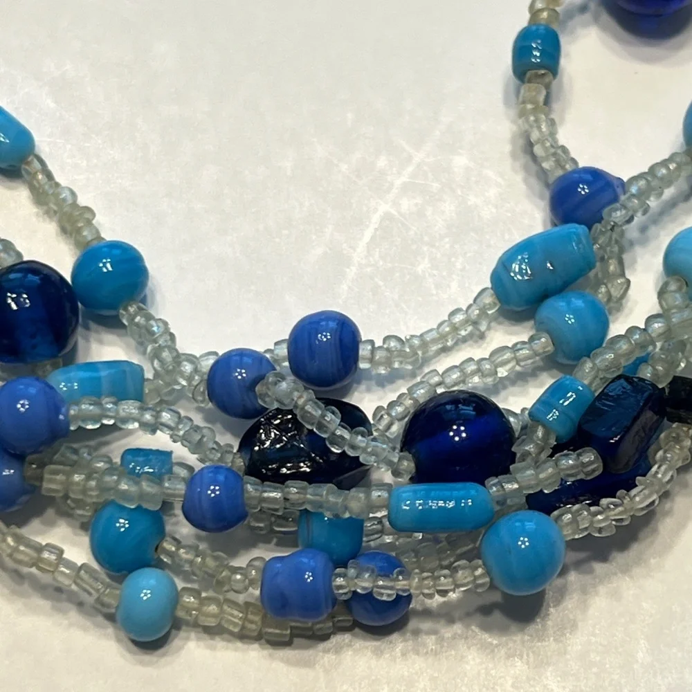 VINTAGE  Czech GLASS SEED BEAD COBALT BLUE MULTI STRAND NECKLACE 22